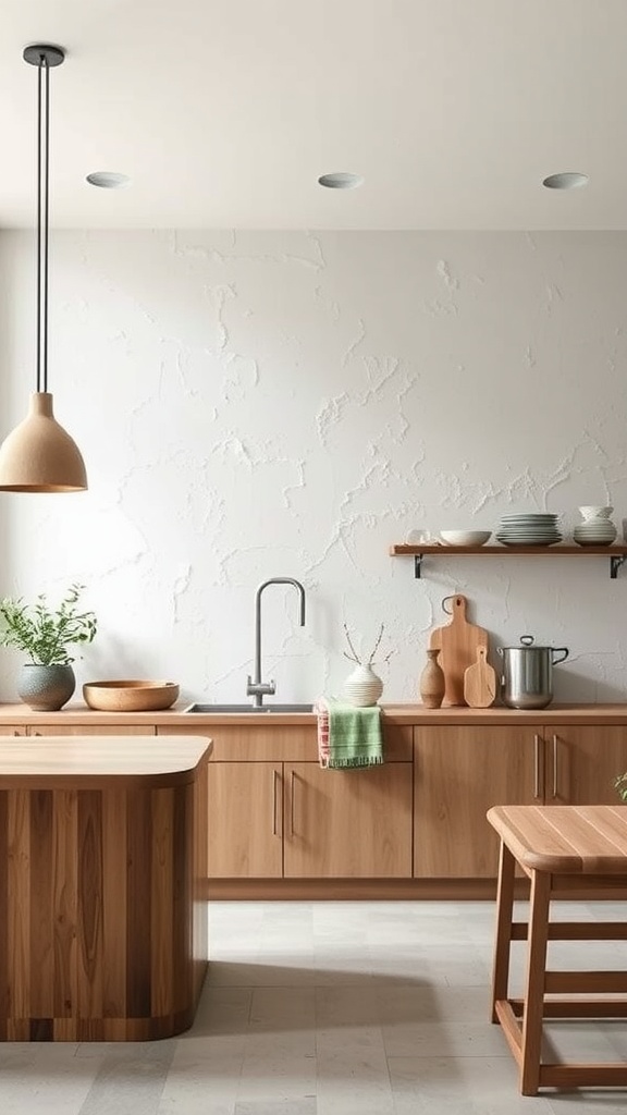 A modern Japandi style kitchen featuring textured walls, wooden cabinetry, and minimalist decor.