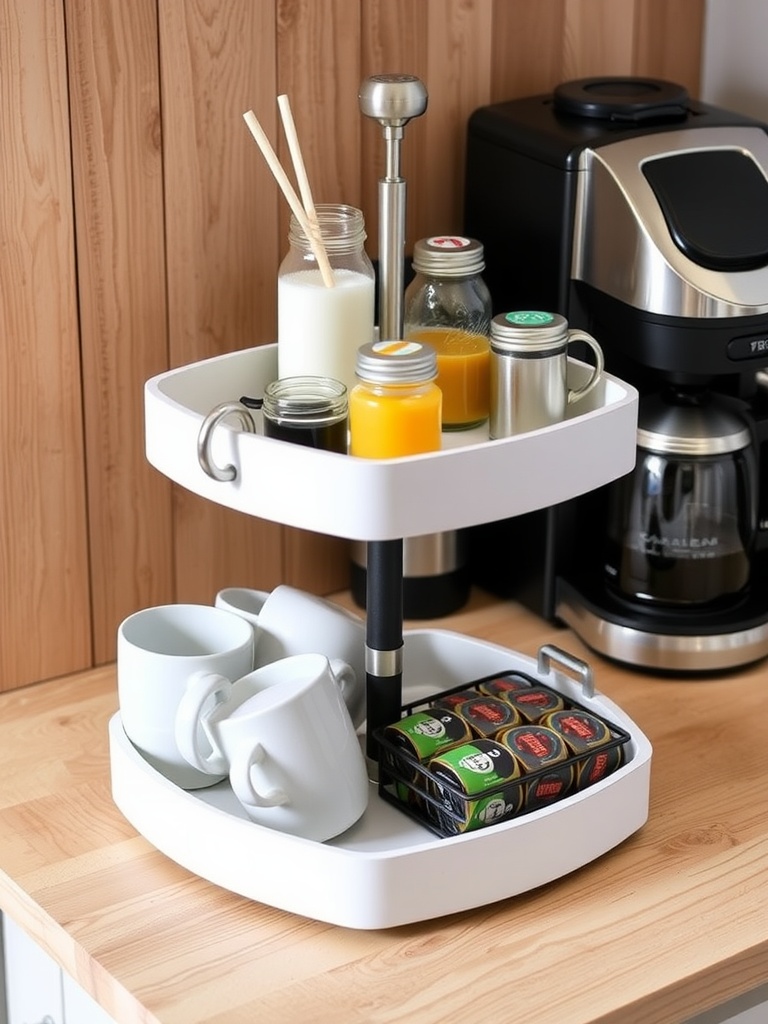 A stylish two-tiered tray coffee bar organizer on a kitchen counter