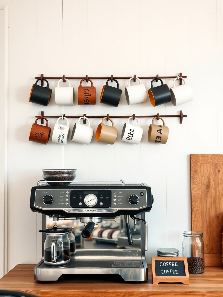 A stylish coffee bar with a mug rack on the wall and a coffee machine on a wooden countertop.