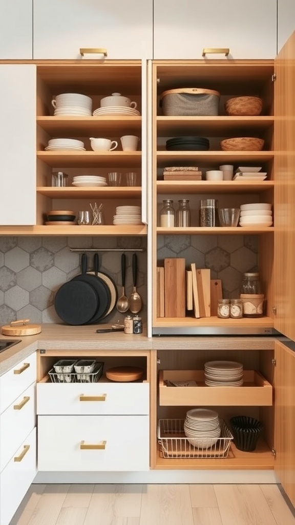 A well-organized Japandi kitchen featuring open shelves and hidden storage solutions, showcasing a blend of wood and white cabinetry.