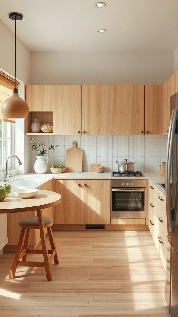 A serene Japandi style kitchen with wooden cabinets and a round table, featuring soft beige accents.