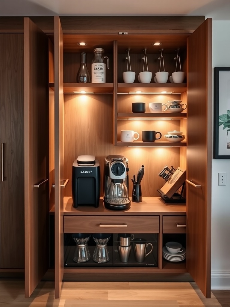 A hidden coffee station behind cabinet doors, featuring a coffee maker, mugs, and organized shelves, all illuminated softly.