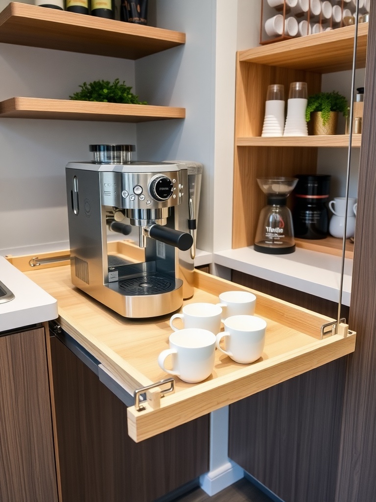 Slide-out appliance tray with espresso machine and white mugs