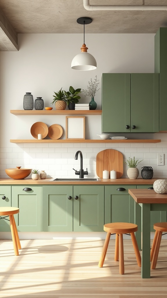 A Japandi style kitchen featuring earthy green cabinets, wooden countertops, and stylish decor.