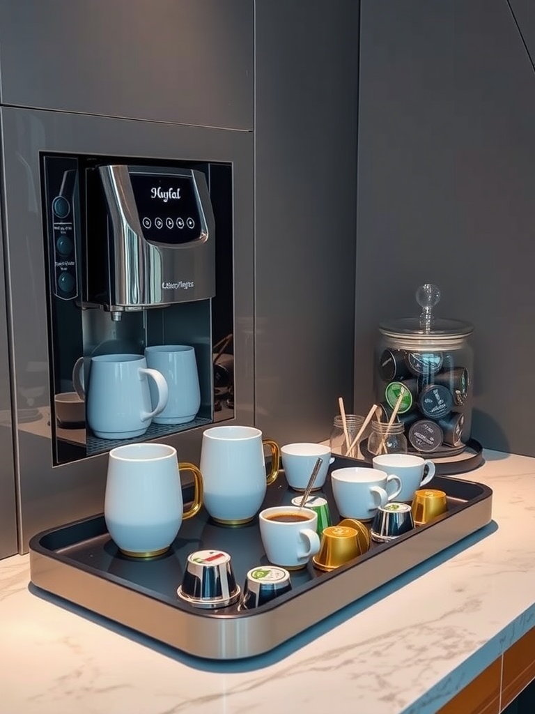 Stylish hotel-style coffee station with a modern coffee machine and elegant mugs.