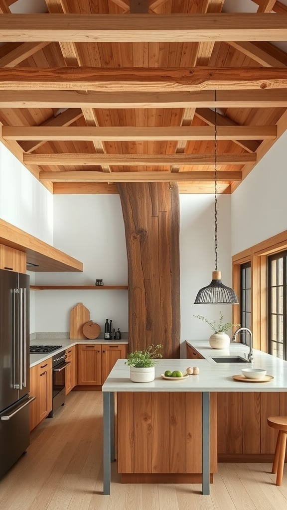 A modern Japandi kitchen featuring wooden ceiling beams and warm wood cabinetry.