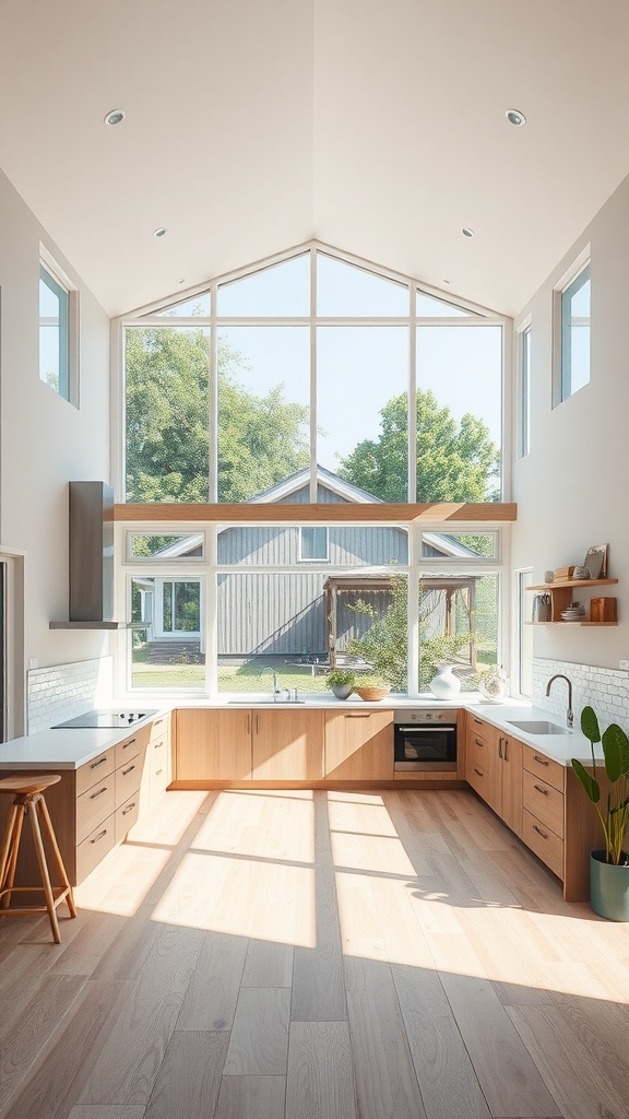 Open and airy Japandi style kitchen with large windows and light wood finishes.