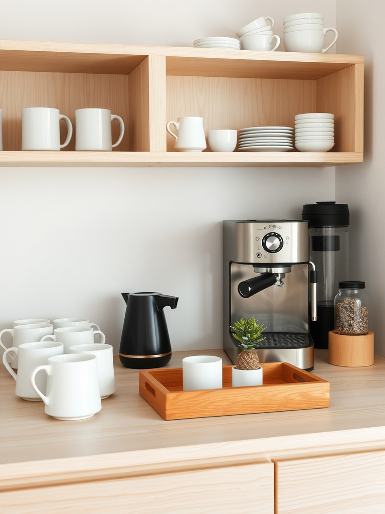 Scandinavian-inspired coffee bar with wood shelves, white mugs, and a sleek espresso machine