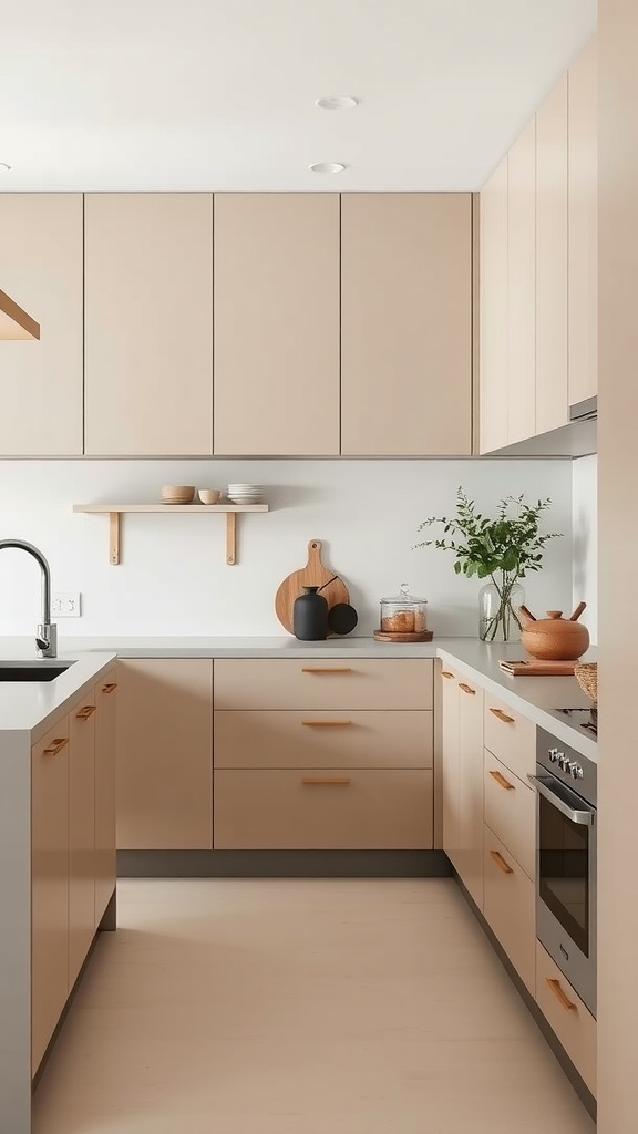 A Japandi style kitchen featuring matte finishes, beige cabinetry, and minimal decor with wood accents.