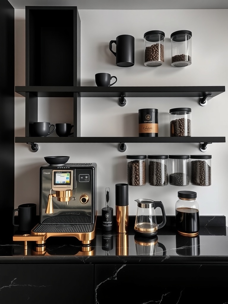 A stylish black and gold coffee bar setup with coffee machine, mugs, and storage containers.