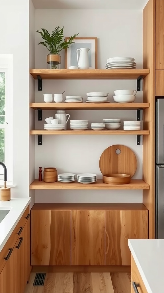 A modern Japandi style kitchen featuring wooden floating shelves with dishware and a plant decor