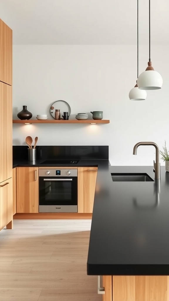 A modern Japandi kitchen featuring a black countertop, wooden cabinetry, and stylish pendant lighting.