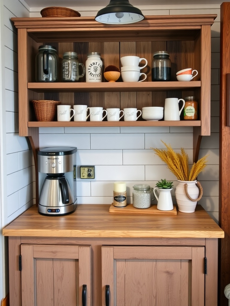 A rustic farmhouse coffee bar featuring wooden shelves, coffee maker, and decorative jars.