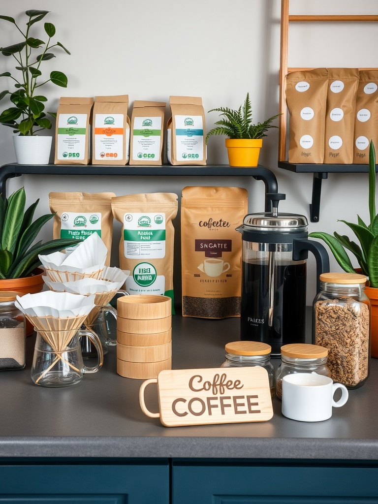 An organized eco-friendly coffee station featuring natural materials and plants, with coffee supplies displayed neatly.