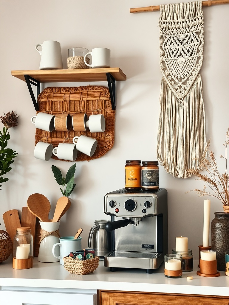 A stylish boho coffee bar with a coffee machine, mugs, plants, and decorative elements