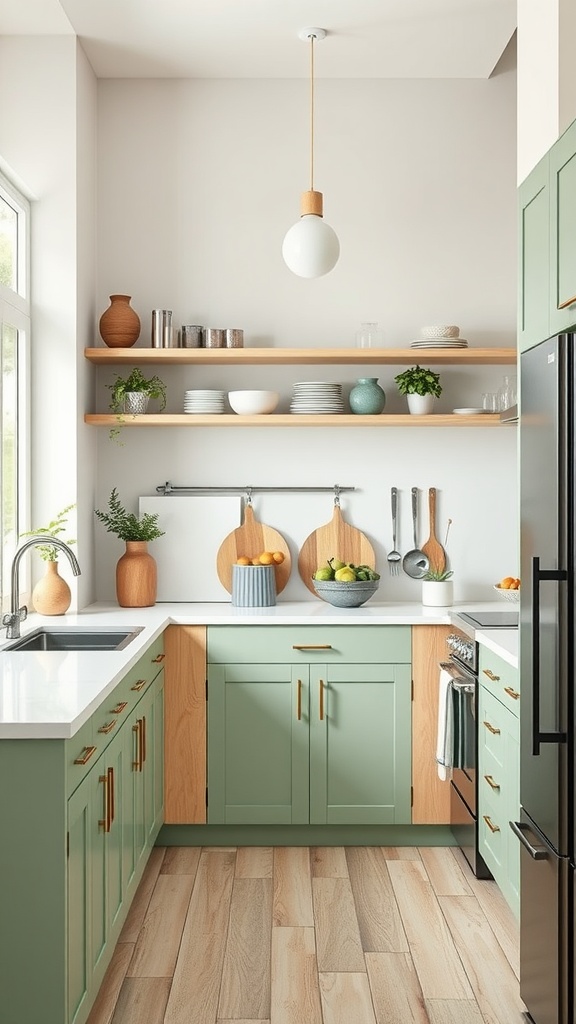 A modern Japandi style kitchen featuring green cabinets, wooden shelves, and plants.