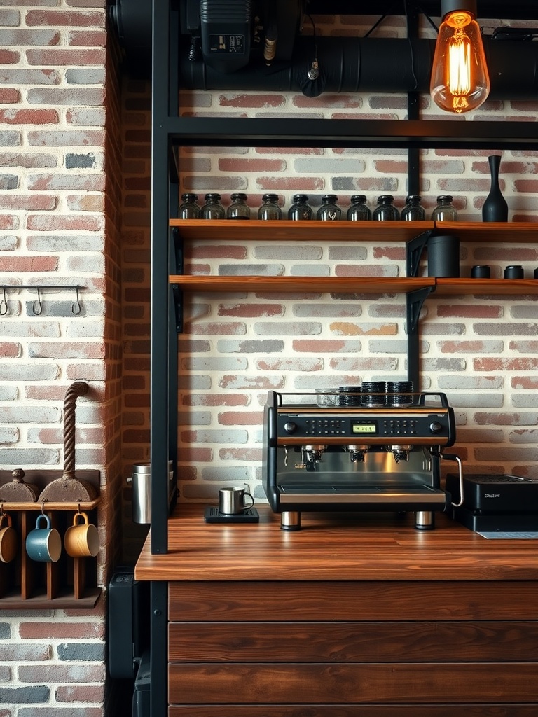 Industrial-style coffee station with a brick wall, wooden counter, and metal shelves.