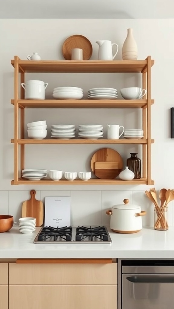 A Japandi style kitchen featuring open wooden shelving with white dinnerware and decorative items.