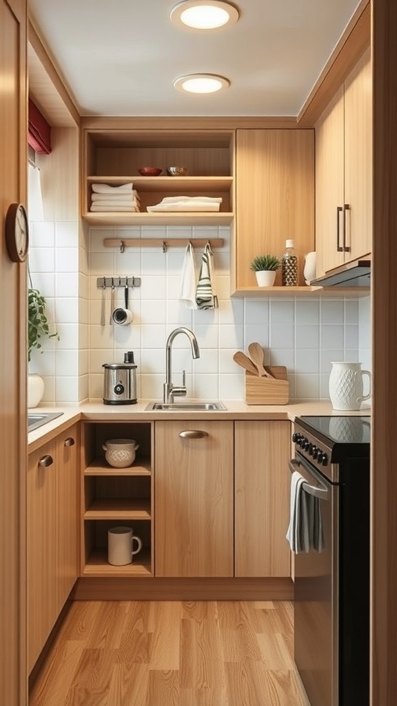 Small Japandi style kitchen with light wood cabinetry and open shelves