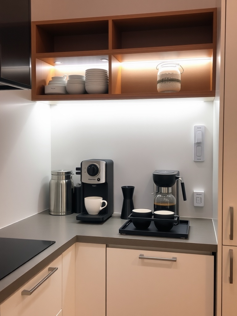 A stylish corner coffee bar setup featuring an espresso machine, coffee maker, and neatly arranged mugs and bowls in a modern kitchen.