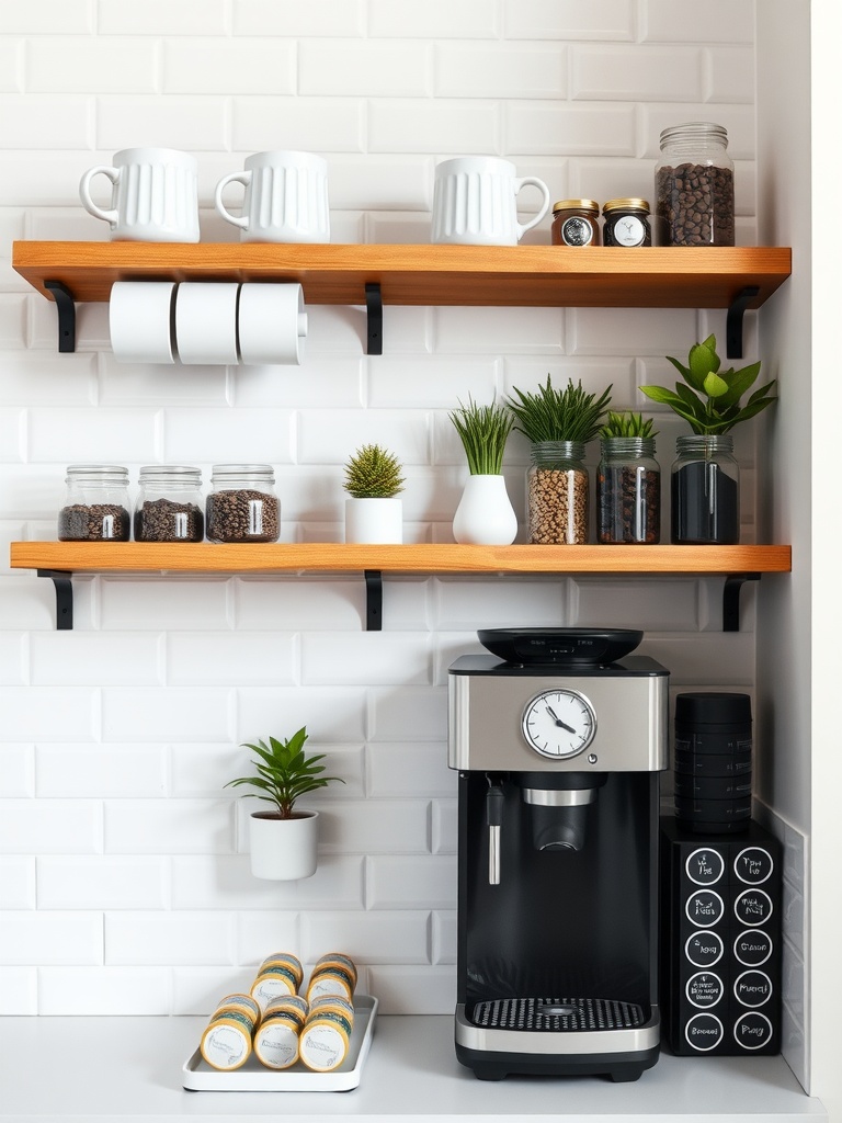 Stylish coffee bar with floating shelves, white tiles, coffee equipment, and decorative plants.