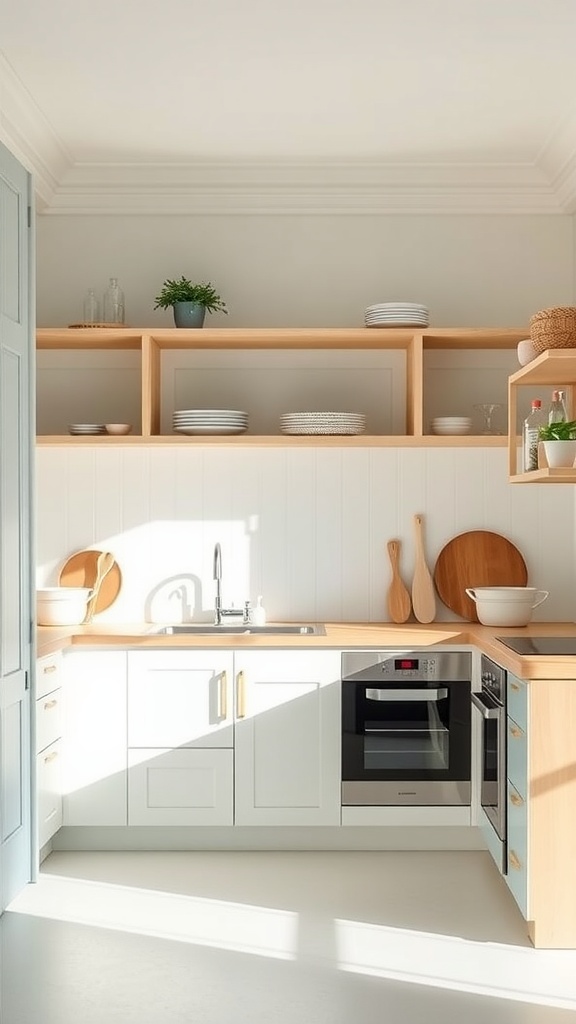 A modern Japandi style kitchen with white cabinets and light wood shelves.