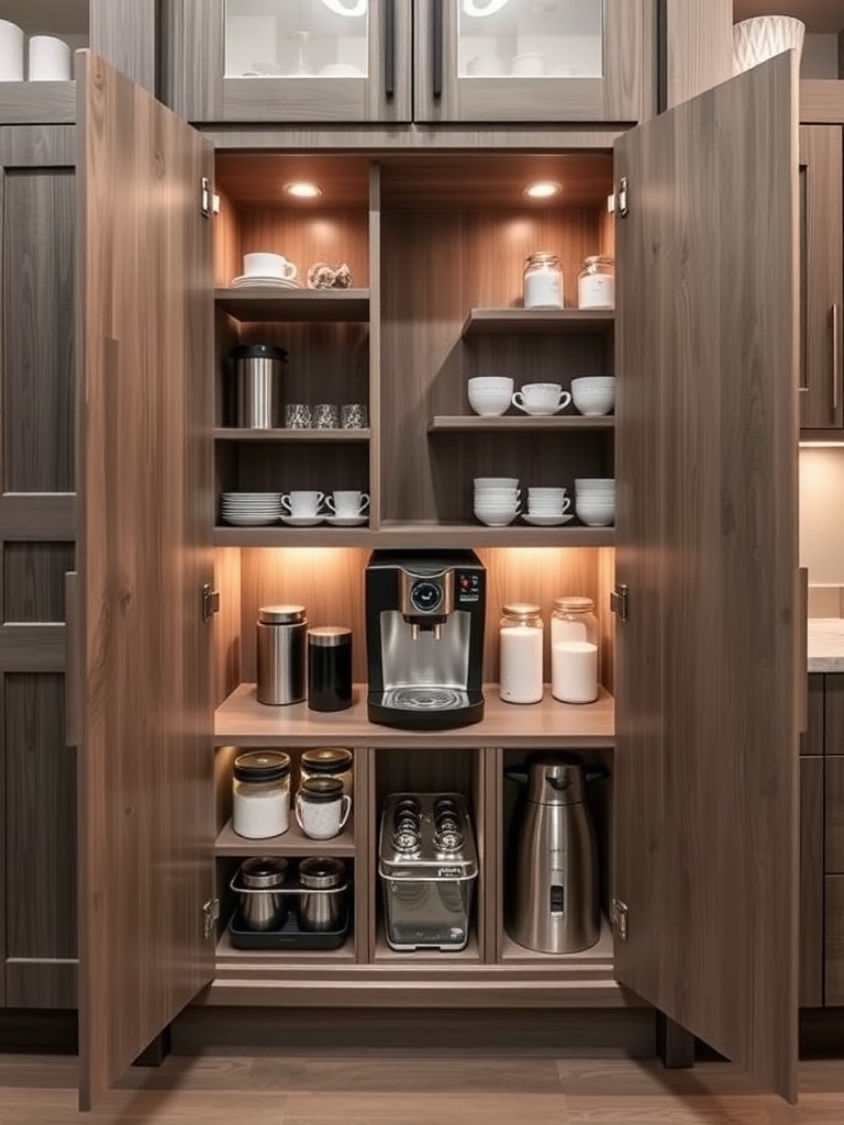 A stylish pantry with coffee machines, jars, and cups neatly organized behind glass doors.