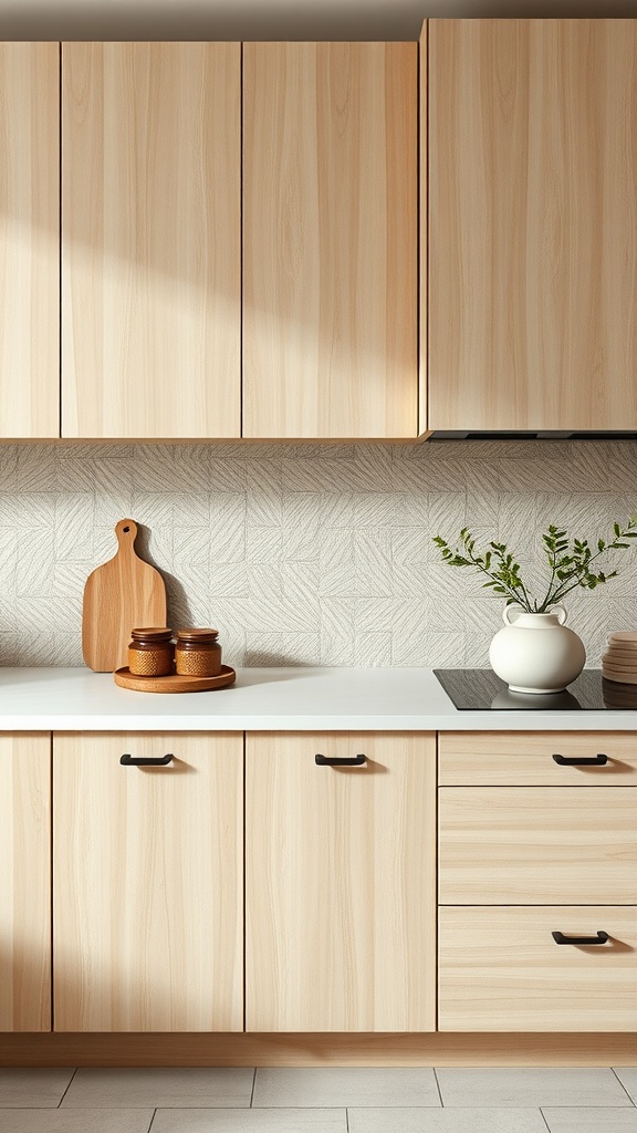 A modern Japandi style kitchen featuring light wood cabinets and a textured geometric backsplash.