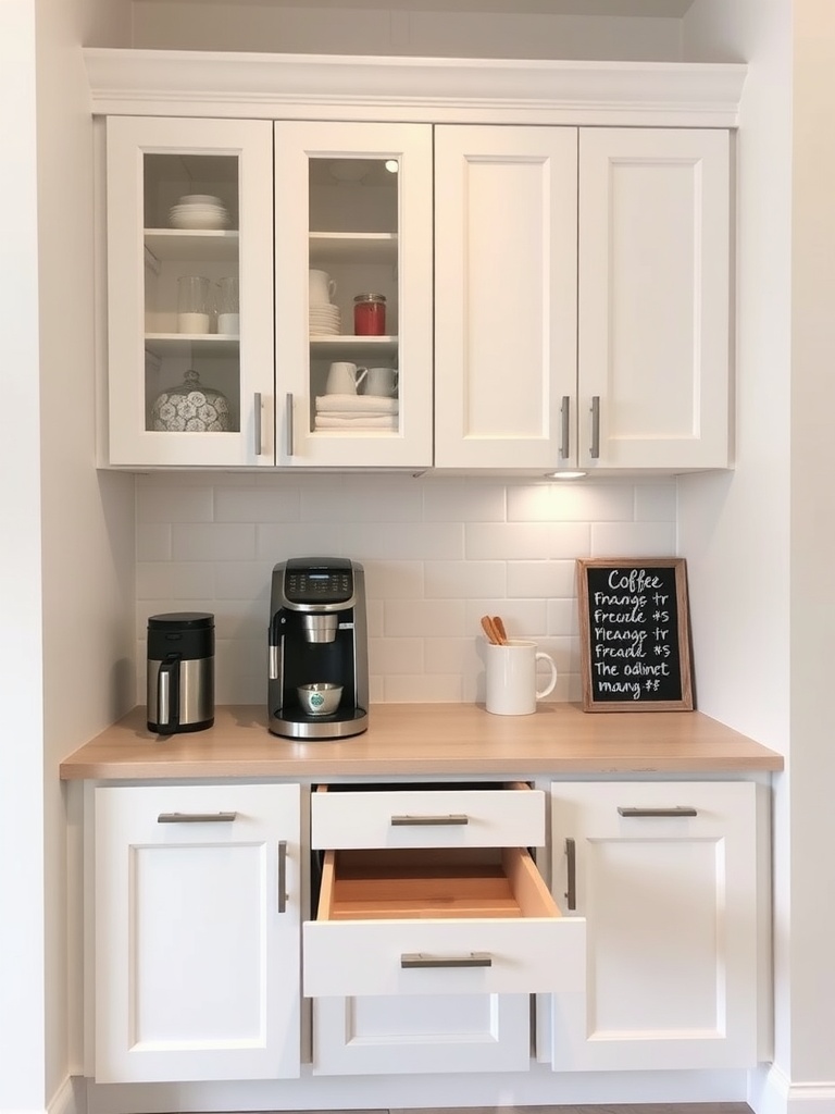 A stylish coffee bar featuring cabinet storage with glass doors, a coffee maker, and a chalkboard sign.