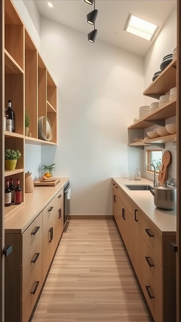 Japandi style galley kitchen with wooden cabinetry and open shelves