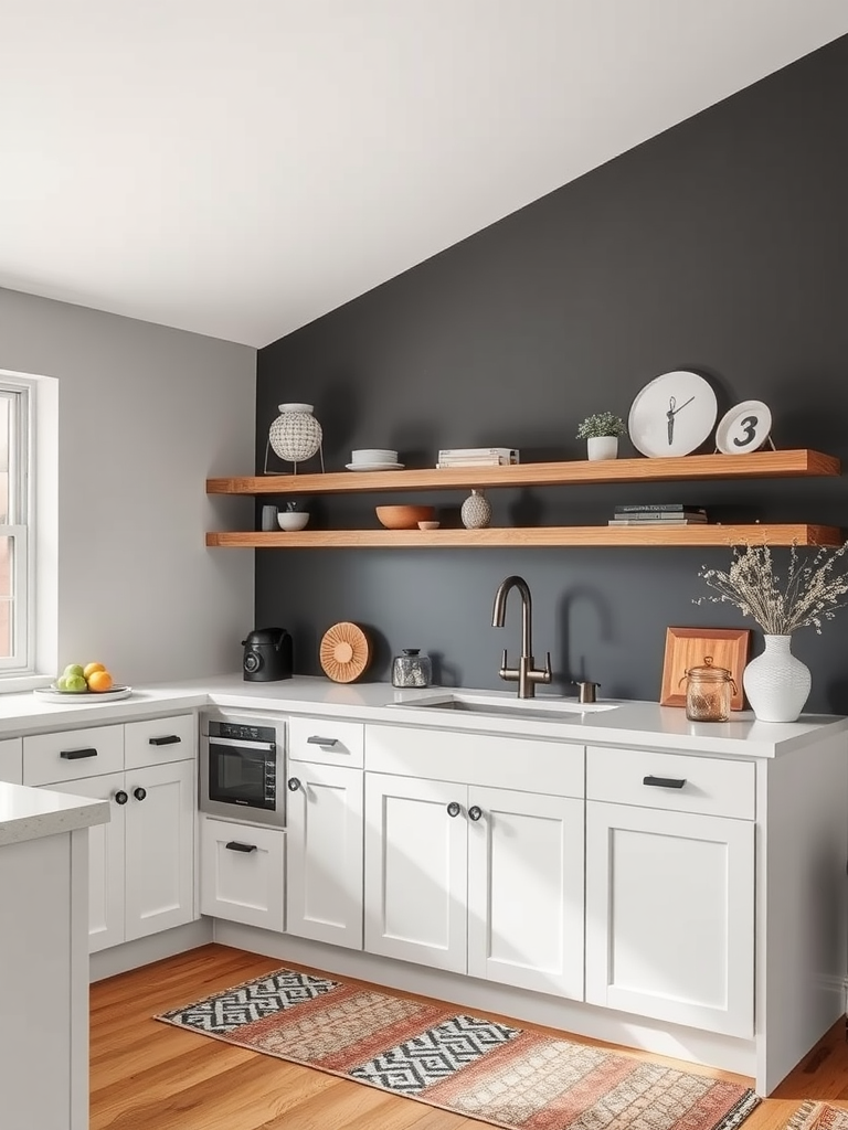 Modern kitchen featuring an accent wall with bold grey wallpaper and stylish décor.