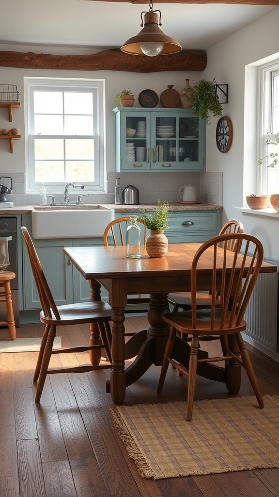 A cottage style kitchen featuring antique wooden furniture, including a dining table and spindle-back chairs, with light blue cabinetry and natural decor.