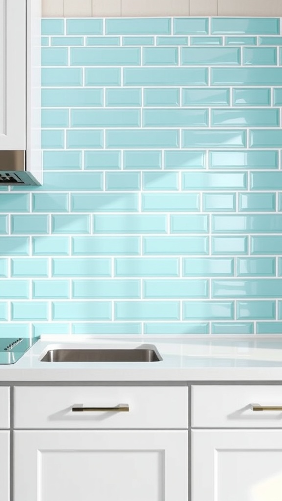 Aquamarine subway tile backsplash with white cabinets and stainless steel sink