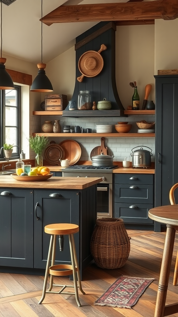 A cozy kitchen featuring wooden shelves with handcrafted utensils, a marble countertop, and modern rustic lighting.