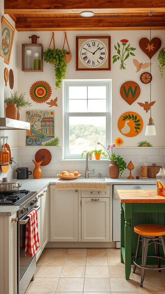 A cozy kitchen featuring artistic wall decor, including framed art, a butterfly, and plants against a warm pink backdrop.