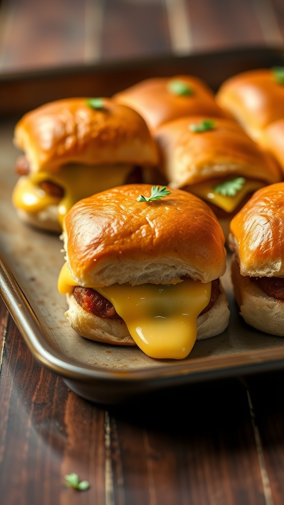 Baked ham and cheese sliders on a baking tray, showcasing melted cheese and golden buns.