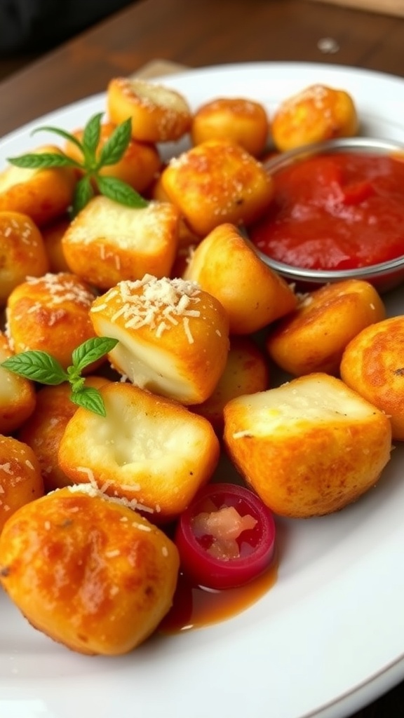 Plate of baked parmesan mozzarella bites served with marinara sauce