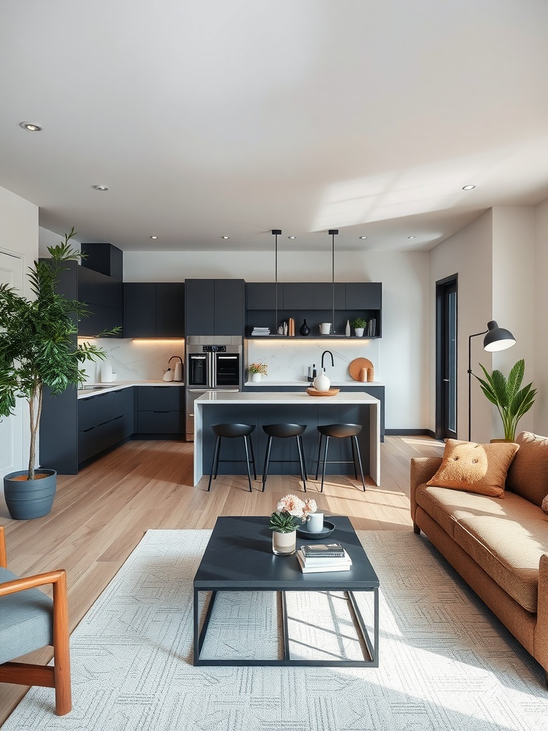 A small open concept kitchen living room featuring dark cabinets, a light wood floor, and modern furniture.