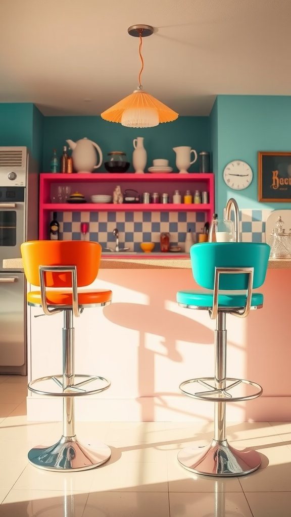 Vibrant bar stools with vinyl seating in a 1950s inspired kitchen