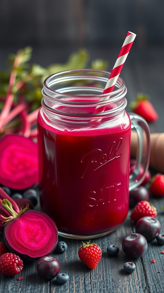 A vibrant Beetroot and Berry juice in a mason jar with a straw surrounded by fresh berries and sliced beetroots.