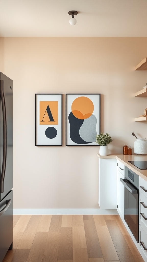 Beige kitchen with modern art on the wall