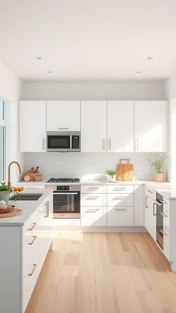 A modern white kitchen featuring beige accents with light wood flooring and minimalist design.