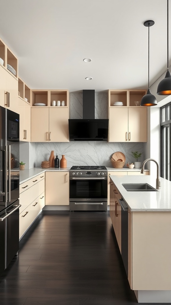 Modern kitchen featuring a beige and black color palette with sleek cabinetry and appliances.