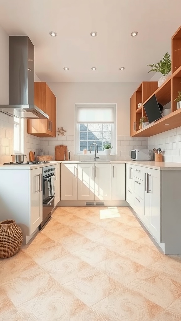 Modern kitchen featuring beige floor tiles with a swirling pattern, wooden cabinets, and bright lighting.