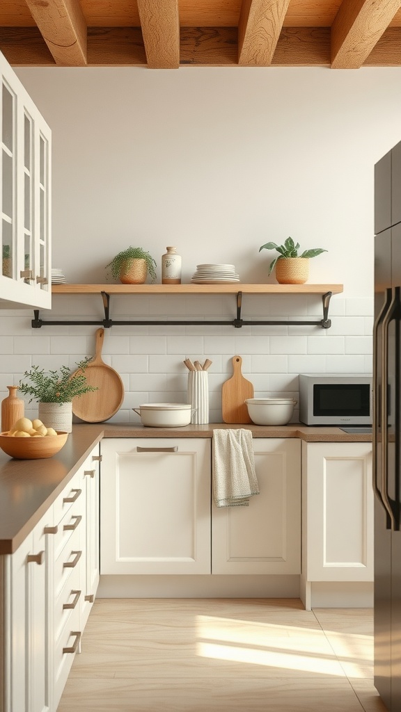 A modern beige kitchen with wooden accents and plants on open shelves