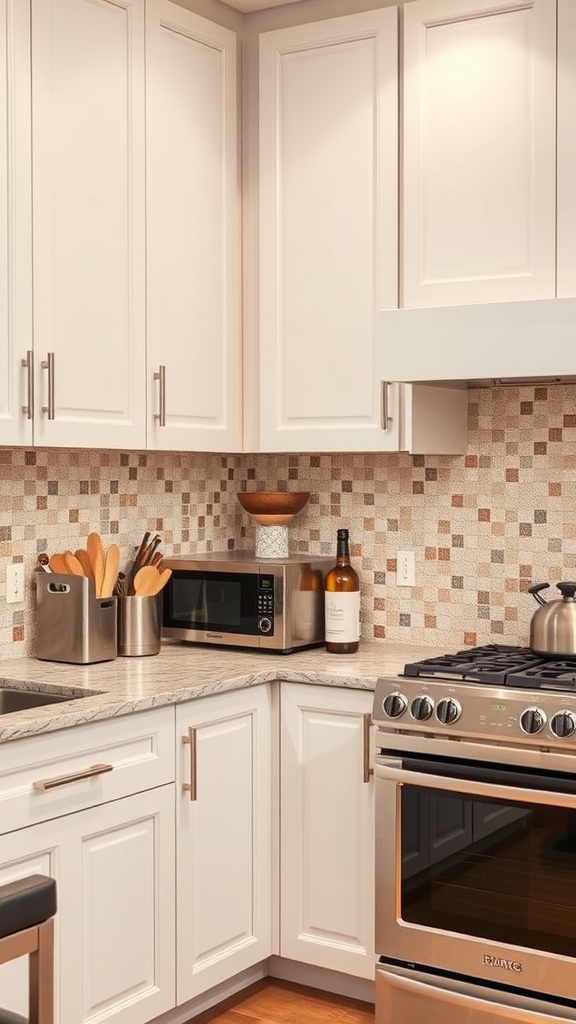 Modern kitchen featuring a beige mosaic tile backsplash behind a stainless steel stove and range hood.