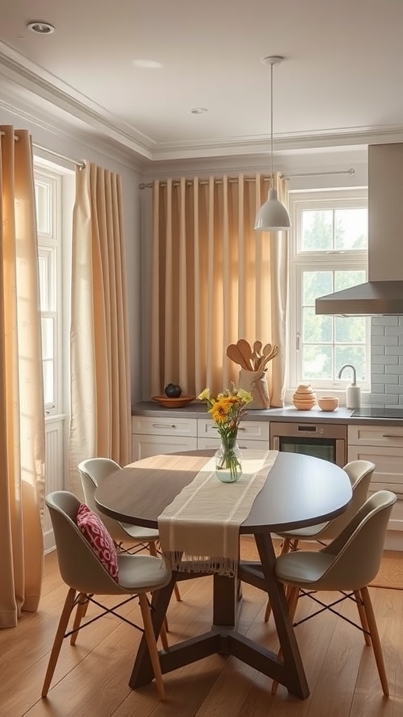 A modern kitchen with beige curtains and textiles, featuring a round dining table with a vase of flowers.