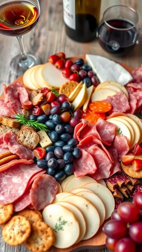 A wooden board filled with assorted cured meats, cheeses, crackers, fruits, and nuts for an appetizer spread.