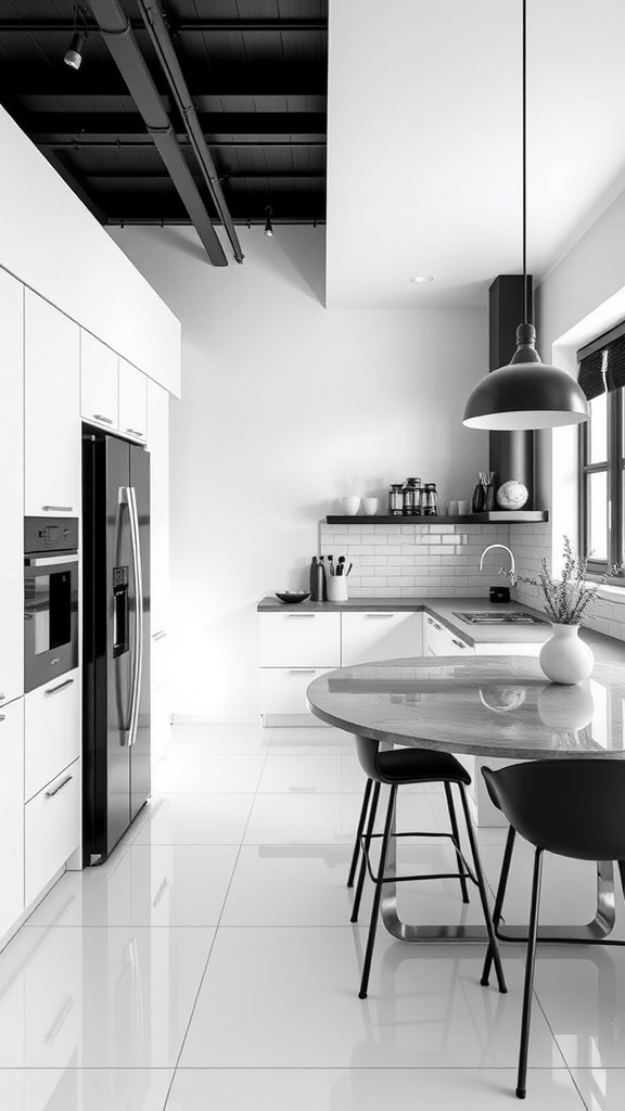 Modern black and white kitchen design featuring a marble island and sleek appliances.