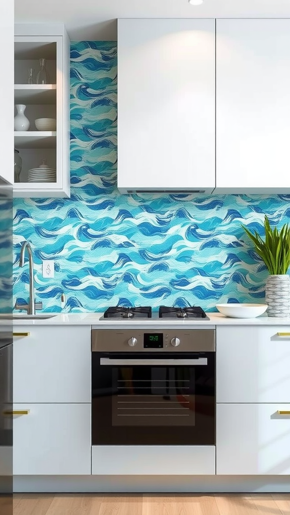 A kitchen featuring bold cobalt blue mosaic backsplash behind stainless steel appliances.